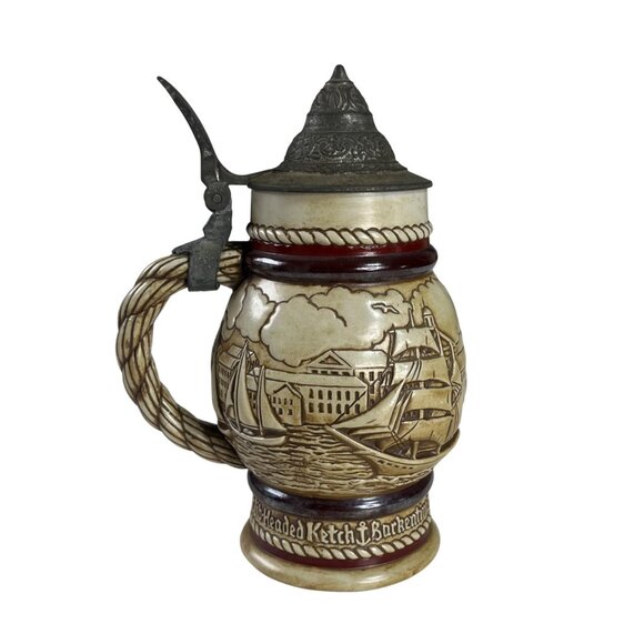 Vintage Avon Ceramic Beer Stein Broken Pewter Lid Nautical Scene 1977 - Picture 2 of 12